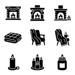 Cozy fireplace icon set in minimalist style with black color scheme