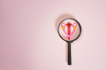 Magnifying glass on uterus icon with pink ribbon. Women's health, gynecology, and ovarian or uterine cancer awareness concept. Medical check-up on pink background with copy space.