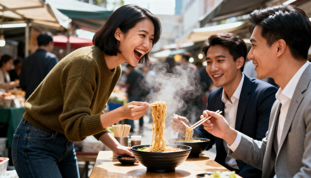 Happy asian work colleagues eating steaming noodles at an outdoor food market. Friends enjoying a lunch break together