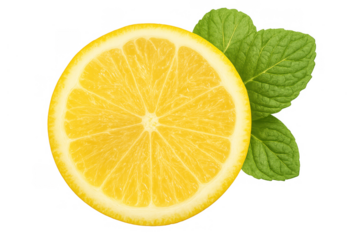 Half juicy lemon slice presenting fresh green mint leaves, representing citrus fruit and healthy dieting, transparent background