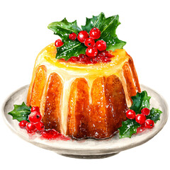 Christmas bundt cake watercolor illustration featuring vibrant red holly berries and green leaves, beautifully presented on a white plate, perfect for festive celebrations and holiday gatherings