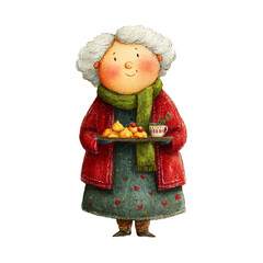 Watercolor illustration of a cheerful grandmother holding a tray of cookies, wearing a cozy red sweater and green scarf, embodying the warmth of Christmas celebrations and family traditions