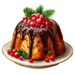 Watercolor illustration of a festive Christmas bundt cake topped with chocolate glaze, red berries, and pine sprigs, showcasing a delightful holiday dessert concept