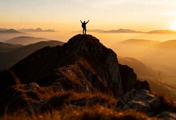 Victorious Backpacker on Mountain Summit - For travel and adventure concepts