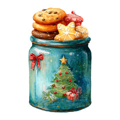 Watercolor illustration of a festive cookie jar filled with assorted Christmas cookies, topped with a red lid, adorned with a holiday tree design and decorative bow for seasonal cheer