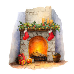 Christmas fireplace watercolor illustration featuring stockings, candles, and presents, creating a warm and festive atmosphere perfect for holiday celebrations and seasonal decor