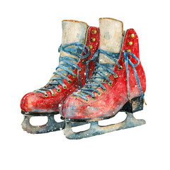 Watercolor illustration of vintage red ice skates with blue laces, showcasing winter charm and holiday spirit, perfect for Christmas-themed designs and festive decorations