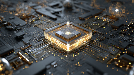 Quantum computing interface glowing in dark environment with luminous digital elements representing futuristic technology, advanced computation, abstract data flow, and sci-fi digital visualization