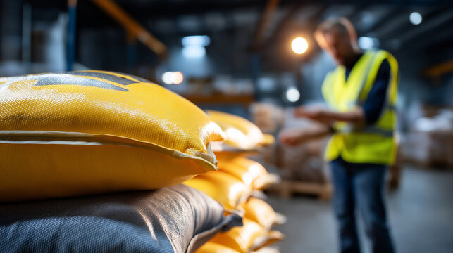 Close-up of stacked industrial bags with soft light on textures, faceless worker in high-visibility vest blurred in the background, calm warehouse atmosphere, with copy space - Powered by Adobe