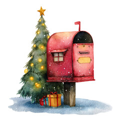 Christmas mailbox watercolor illustration beside a decorated tree with gifts, capturing the festive spirit and holiday cheer in a whimsical winter scene
