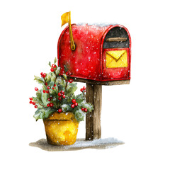 Red Christmas mailbox watercolor illustration with snow, surrounded by festive greenery and berries, evoking holiday spirit and seasonal joy, perfect for winter-themed designs