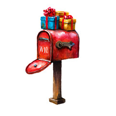 Red mailbox adorned with colorful gifts and ribbons, showcasing a festive holiday spirit in a charming watercolor illustration