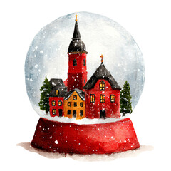 Watercolor illustration of a Christmas snow globe featuring a charming village scene with colorful houses and evergreen trees, evoking holiday spirit and nostalgia