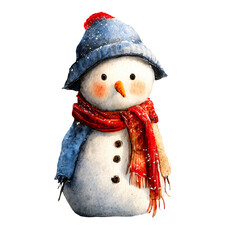 Watercolor illustration of a cheerful snowman wearing a blue hat and red scarf, surrounded by falling snowflakes, capturing the essence of winter holiday joy and festive spirit