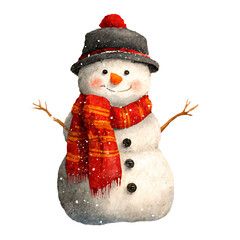 Watercolor illustration of a cheerful snowman wearing a gray hat and red scarf, surrounded by falling snowflakes, embodying the festive spirit of winter holidays and joyful celebrations