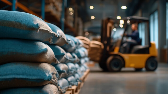 Rows of industrial sacks in sharp focus, faceless forklift operator passing by in gentle defocus, supply chain workflow mood, with copy space - Powered by Adobe