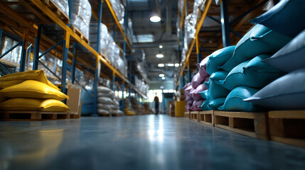Tightly packed industrial bags illuminated softly, faceless worker’s outline moving through the aisle in defocus, organized distribution center, with copy space