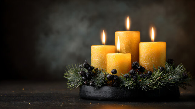 Advent wreath with four golden candles surrounded by evergreen foliage and berries, symbolizing the warmth and spirit of the Christmas season in a cozy setting