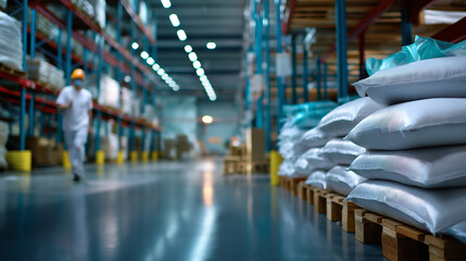 Tightly packed industrial bags illuminated softly, faceless worker’s outline moving through the aisle in defocus, organized distribution center, with copy space