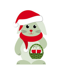 christmas bunny with gift in basket isolated on white background
