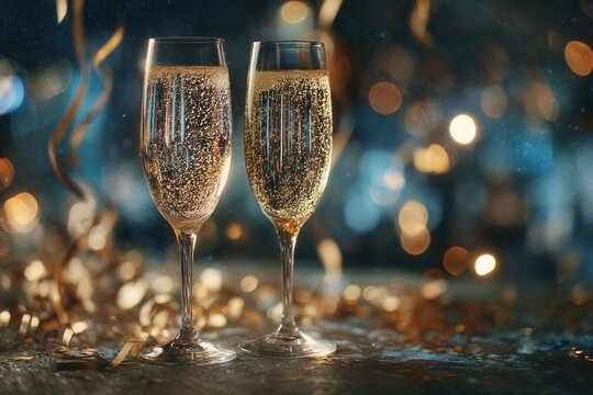 elegant celebration scene, chic marble table adorned with bubbling champagne for special events, sophisticated holiday or wedding ambiance featuring crystalclear glasses and glowing bokeh effects