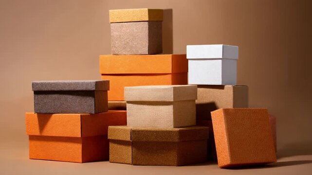 Medium shot of biodegradable orange boxes stacked neatly highlighting ecofriendly packaging solutions with natural textures and sustainable material appeal