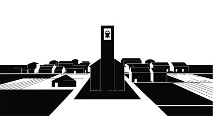 Striking black and white illustration of a stylized village with a prominent church tower.