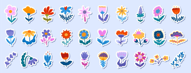 Nordic flower set stickers with scandinavian spring folk doodle elements for bright seasonal decor. Ideal for cards and posters with playful designs for crafts and packaging