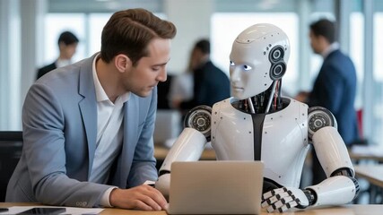 Future of work in action as executive collaborates with AI robot for innovation and success using laptop in modern office setting, teamwork - Powered by Adobe