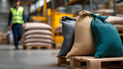 Rugged fabric texture of industrial sacks, faceless worker walking between pallets in soft defocus, supply chain continuity, with copy space
