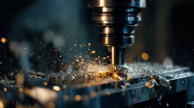 This clip illustrates a precision machining process at a manufacturing site. The tool shapes metal with spinning components, creating intricate designs. Sparks and shavings fly during operation - Powered by Adobe