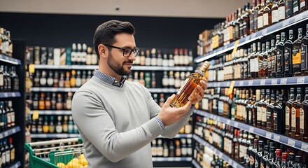 Man examining a bottle of alcohol in a liquor store aisle with shelves full of bottles.