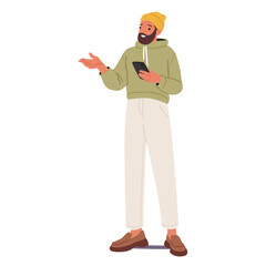 Fototapeta na wymiar Hipster guy character in casual wear engaged in a conversation holding mobile phone in hands