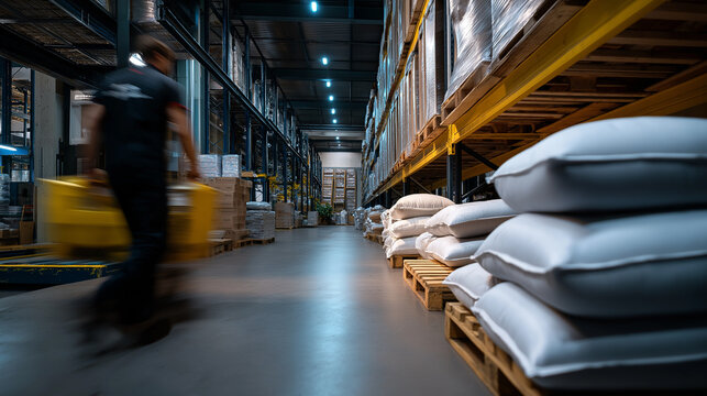Heavy bags stacked in layers, faceless warehouse employee in blurred motion near racks, efficient operations atmosphere, with copy space