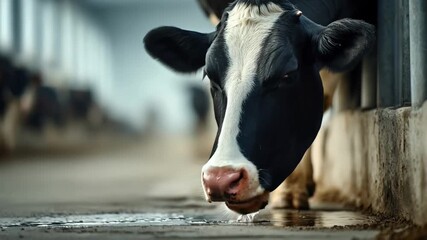 Medium shot of a robotic cow milking bay featuring a single automated arm gently attaching to the cows udder in a modern dairy farm setting. - Powered by Adobe