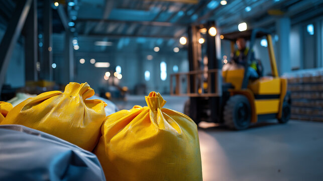 Textured close-up of reinforced bag surfaces, defocused forklift lights and faceless operator behind, large-scale logistics concept, with copy space - Powered by Adobe