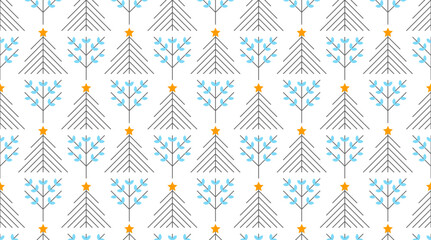 Naklejka premium Seamless vector linear geometric winter trees pattern. Gray line golden star on Christmas tree art deco background. Spruces and blue leaves trees design wrapping paper. Winter texture fabric design