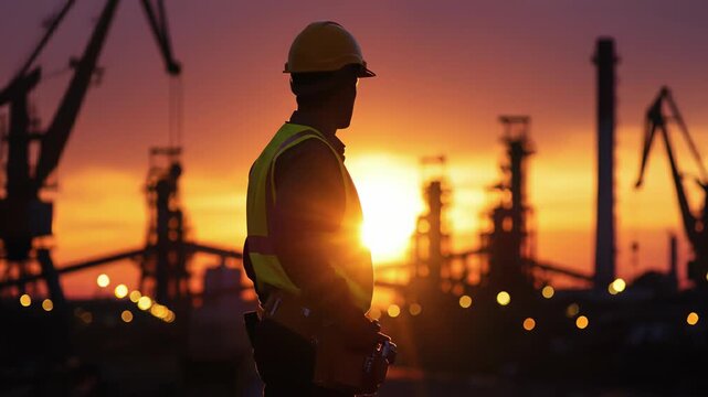 A construction worker in a hardhat proudly stands at the edge of a fiery sunset, their silhouette effectively conveying perseverance and dedication amidst breathtaking orange and pink hues.
