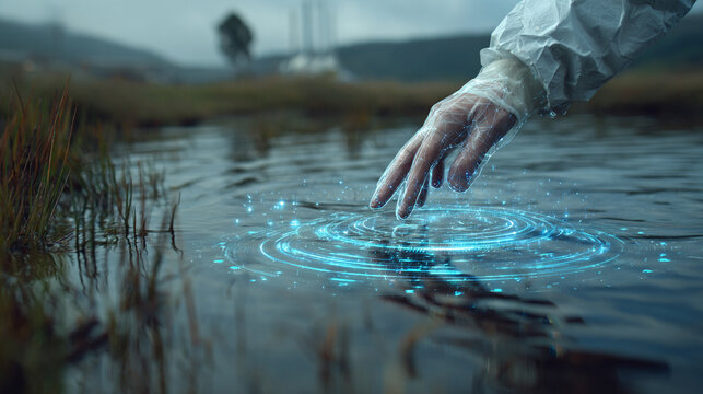 Scientist’s hand interacting with a holographic water purity display in an outdoor field representing environmental analysis, futuristic technology, scientific research, and digital data visualization