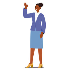 Elegant businesswoman cartoon character waving hand in welcome gesture isolated on white background