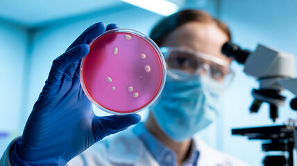 Scientist examining bacterial culture growth in petri dish, wearing protective gear in a modern laboratory setting for innovative medical research
