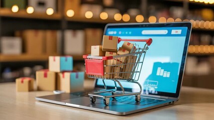 Shopping cart full of packages on a laptop screen showing business growth, perfect for ecommerce and online sales promotions - Powered by Adobe