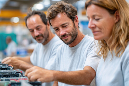 Workers assembling electronics in a factory