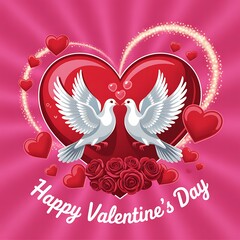 Two doves in front of a heart with roses and valentine's day text
