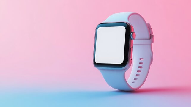 Modern white smartwatch on gradient pink and blue background, mockup 