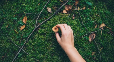 Hand holding mushroom on green mossy ground in forest  