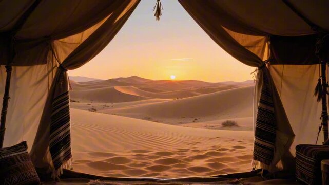 Warm sunset light pours through a luxury desert tent, revealing sweeping golden dunes and long soft shadows. A serene nomadic travel scene unfolds with textured sand and a calm, glowing horizon.