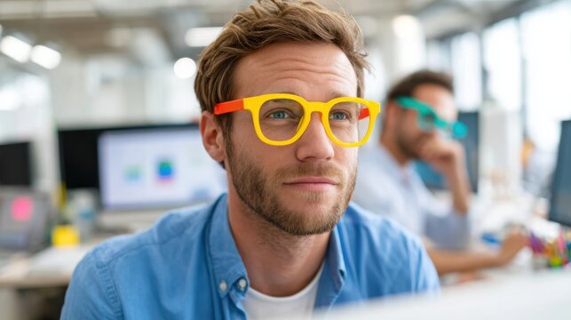 Focused young man in colorful glasses at modern office