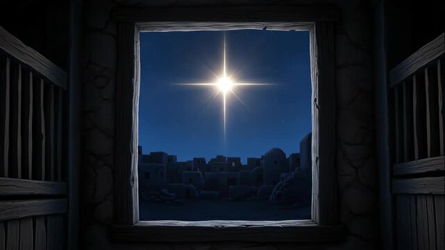bright star of bethlehem shines in night sky over ancient city. biblical illustration of christian nativity story. christmas holiday concept. greeting card, banner