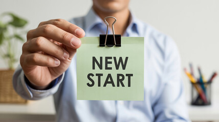 Motivational new start message held by a person offering fresh beginnings for business, career or personal life, perfect for blogs and uplifting content